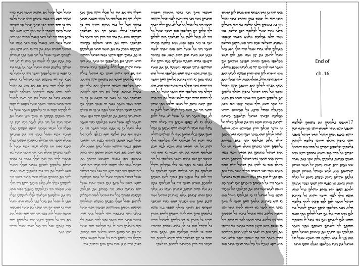 איור 1: ייצוג היוריסטי של פגיעה בכתב יד עברי ממנו יצא תרגום השבעים בשמואל א יז-יח. איור זה משתמש בגופן 1QM באדיבות פרויקט מגילות ים המלח, אוניברסיטת חיפה; עיצוב: עינת תמיר. איור- ג'רמי האטון, בסיוע מנתנאל א. גרין. 