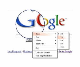 Screen magnifying software being used to magnify the G and O 2x on Google's homepage.