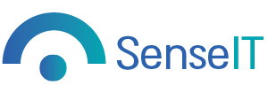 Sense-It's logo is on the left - a dot at the bottom center with an arching semicircle above it. Next to it on the right is the text: SenseIT. The whole thing is gradient blue to turquoise.