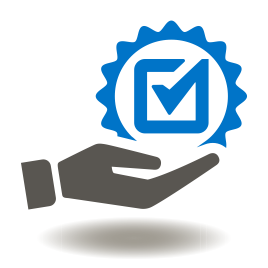 An icon of a black-filled hand holding a blue-filled checked box with a ribbon around it.