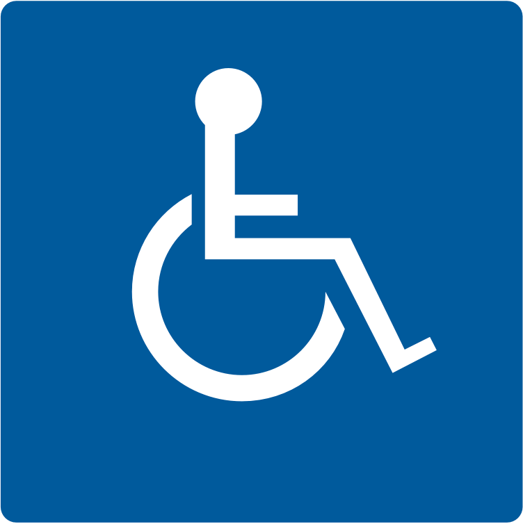 A universal icon for accessibility - a white filled image of a person in a wheelchair viewed in profile on a dark blue background