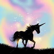 A black-fill unicorn on a multicolored pastel background