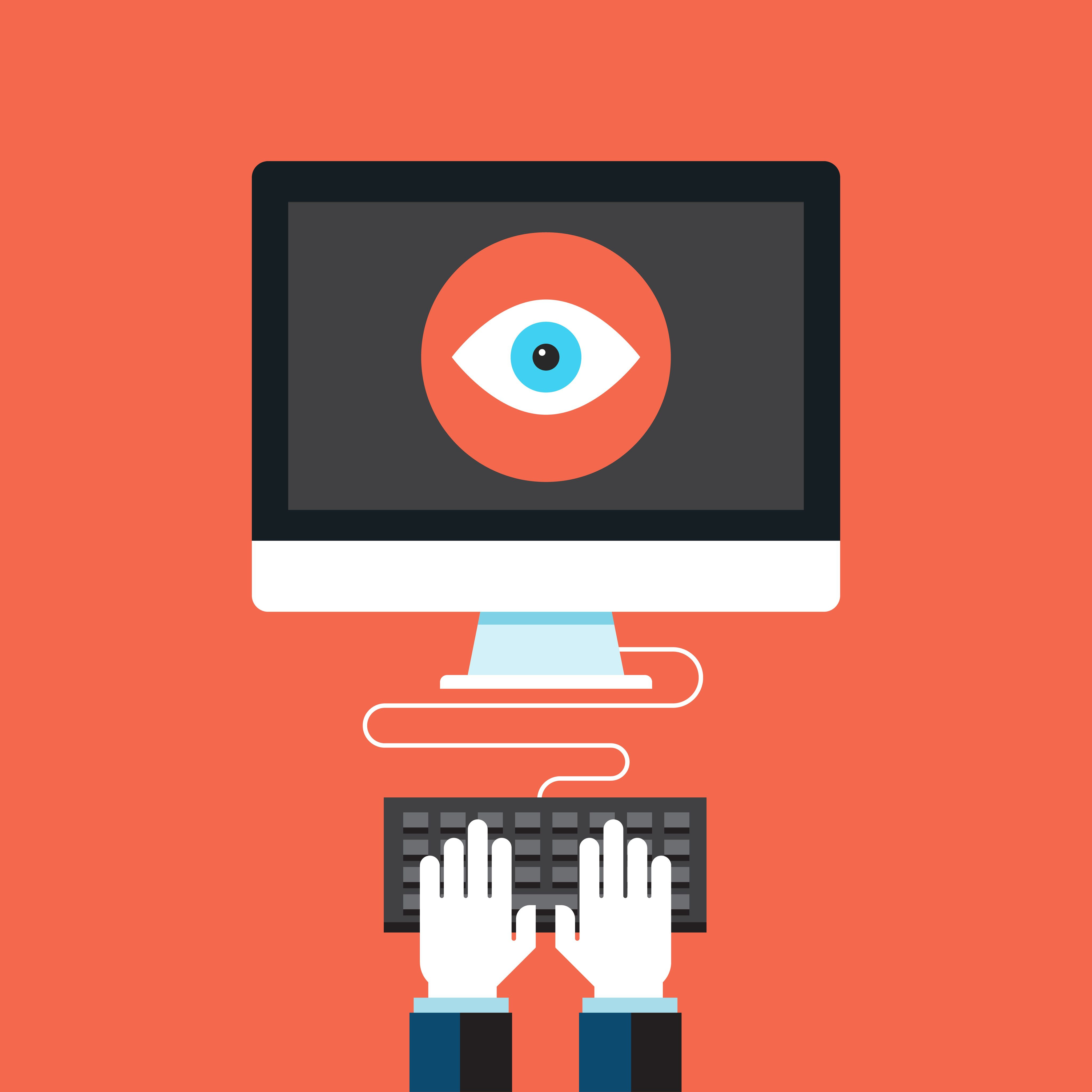 a cartoon picture of an eye on a computer monitor with a person's hands typing on a keyboard 