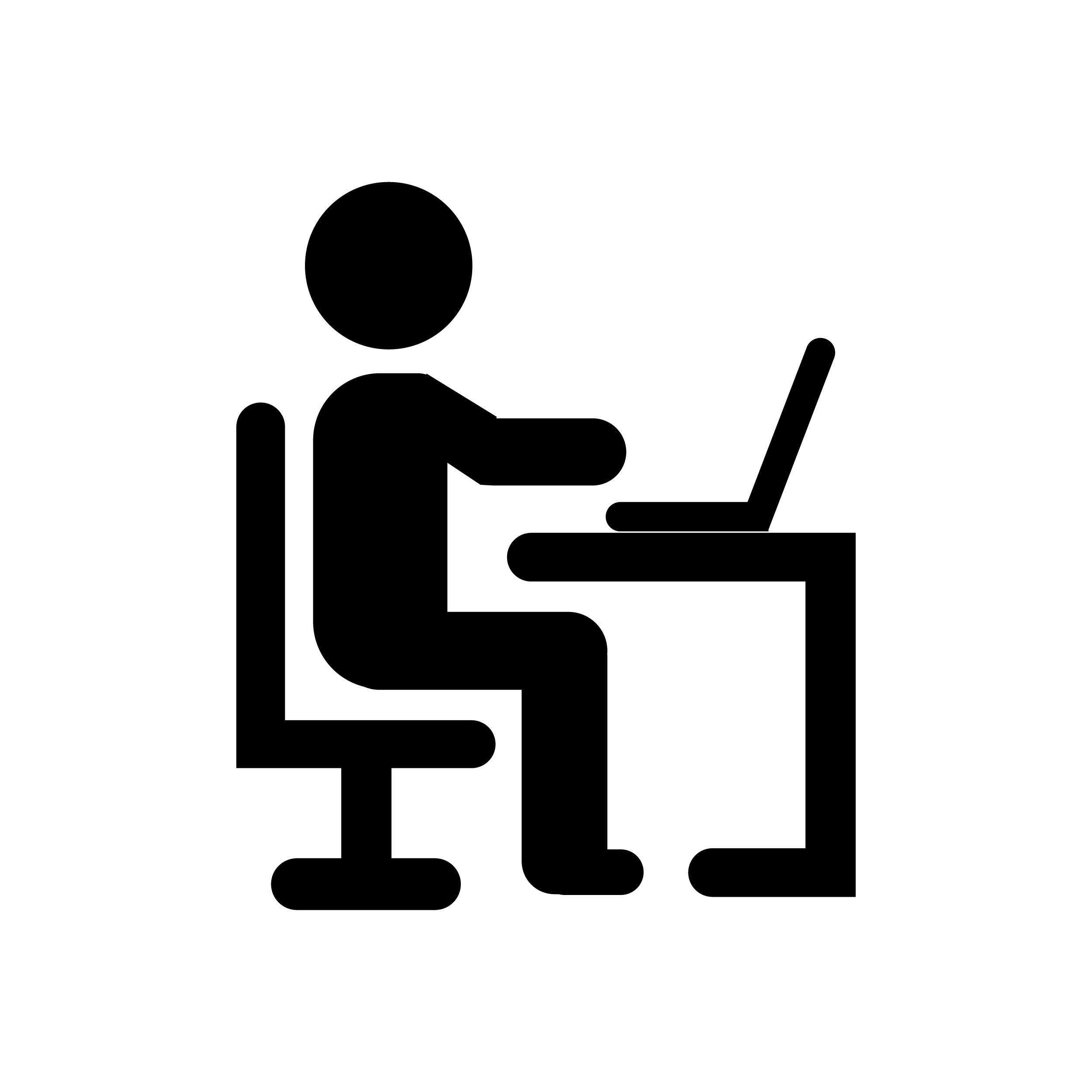 A black-filled cartoon stick figure person sitting at a desk in from of a computer