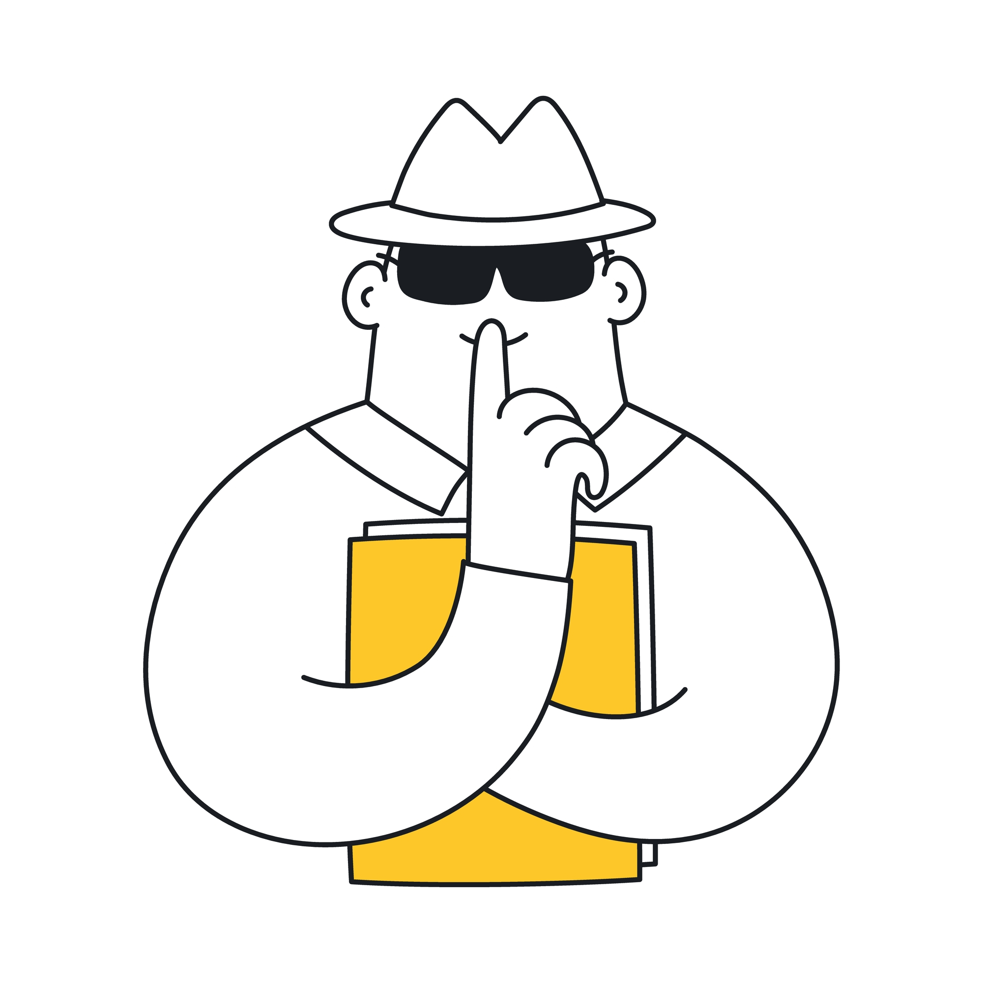 A cartoon person wearing a fedora and sunglasses with their finger vertically covering their mouth as if to say, "shhh". They are holding a yellow document securely in their arms.