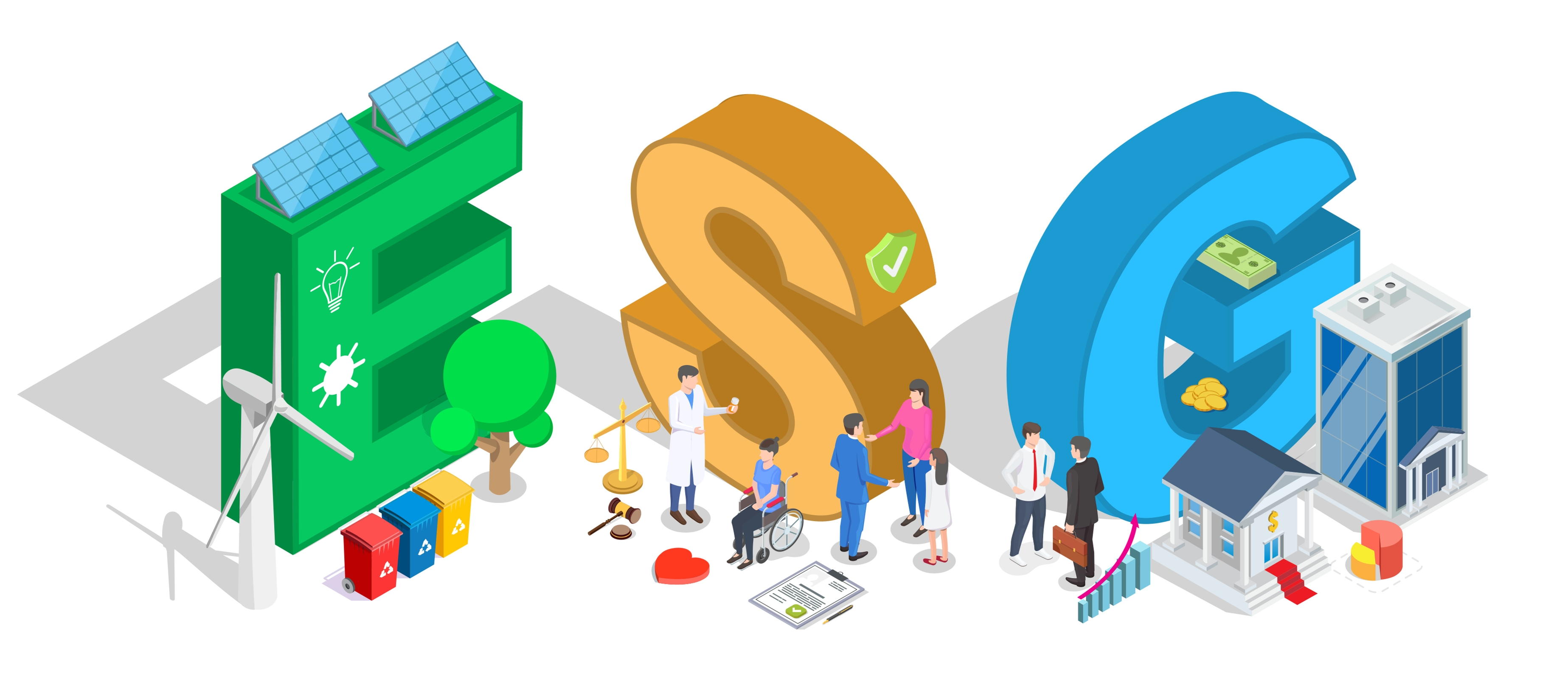 A 3-D representation of the letters ESG. The E has solar panels, a windmill, recycling bins, and a tree around it. The S shows people interacting with each other, a person in a wheelchair, a person in a white coat, scales and a judge's gavel. The G has buildings, graphs, money, and business people near it.