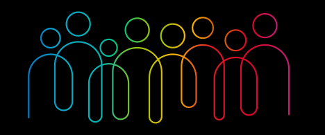 A picture of many overlapping stick figure people drawn in rainbow gradient on a black background