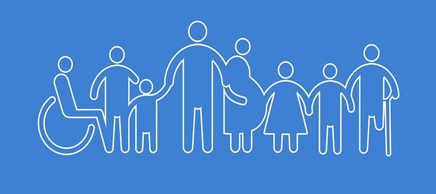 A version of the traditional accessibility icon of the person in the wheelchair - this picture has many stick figure outlines of people in various sizes and physical conditions, all in white on a dark blue background.