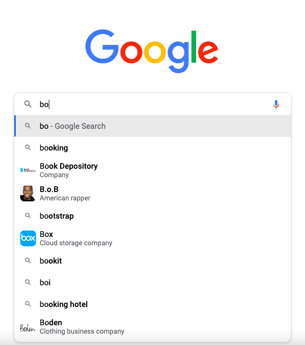 A picture of Google's homepage with the letters "bo" in the search bar. A drop down menu (the popup) shows options: "booking," "Book Depository," "B.o.B," "bootstrap," "Box," "bookit," "boi," "booking hotel," and "Boden." 