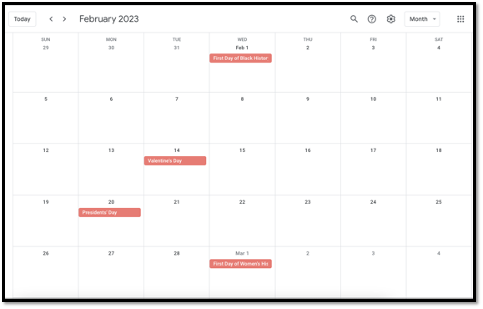 A picture of a calendar, which, visually, could be either a table or a grid.