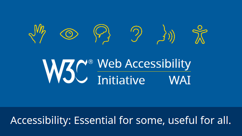 A picture featuring the W3C's logo and the words "Web Accessibility Initiative WAI" on them in white. Above that text are cartoon images of a hand, an eye, a brain, an ear, sound waves from a person's mouth, and a stick figure person, all in yellow. At the bottom are the words "Accessibility: Essential for some, useful for all" in white.