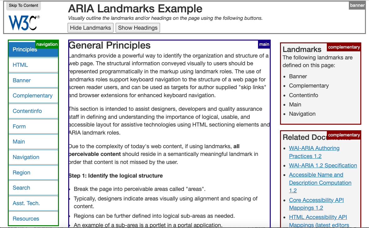 A screenshot of the W3C's webpage "ARIA Landmarks Example" with the different landmarks visually represented by differently colored borders around each of them. The content of the page can be read here: https://www.w3.org/WAI/ARIA/apg/example-index/landmarks/index.html 