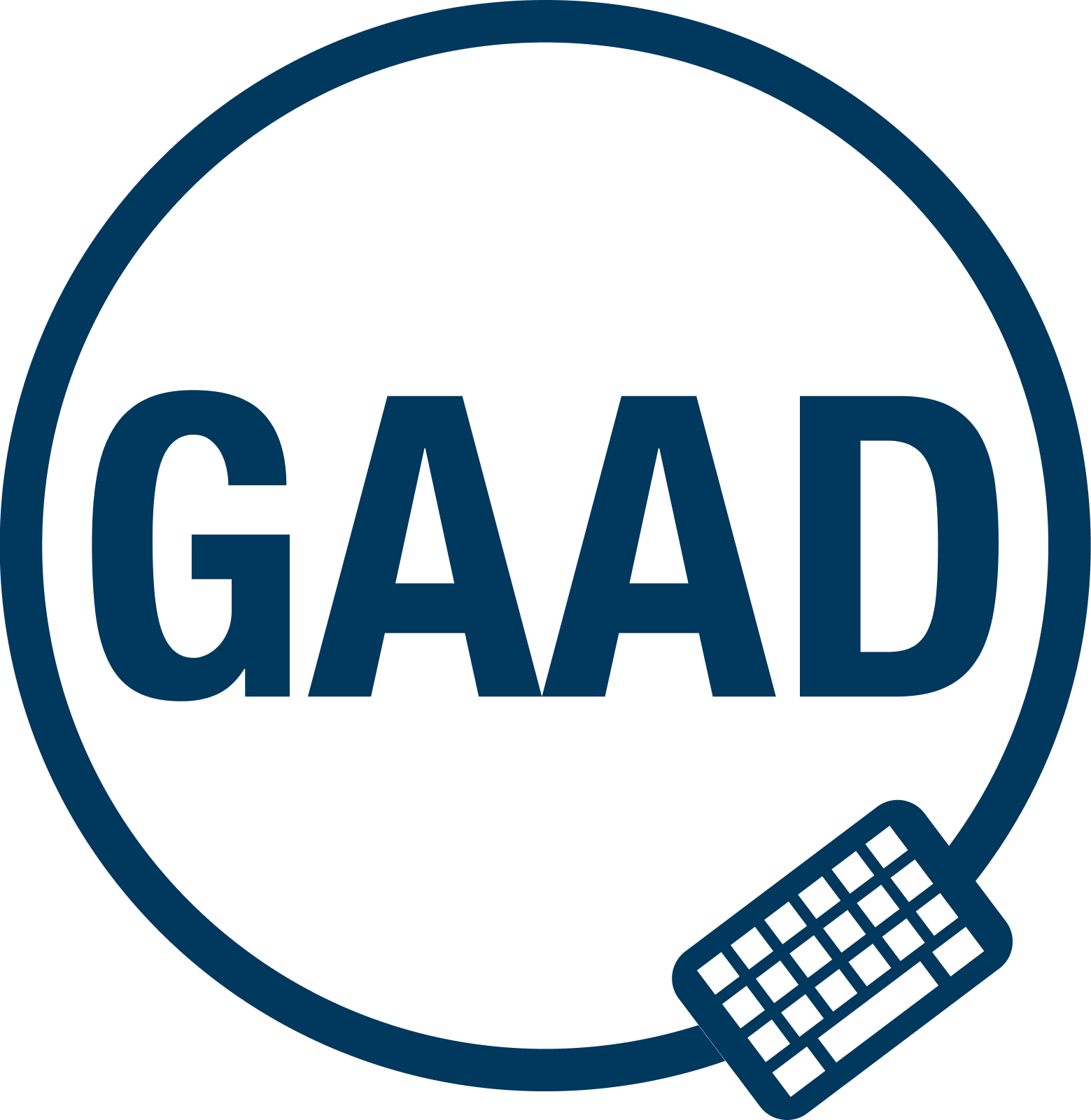 GAAD Foundation Logo - blue on a white background. A circle with a keyboard on the bottom-right encompasses the letters GAAD.