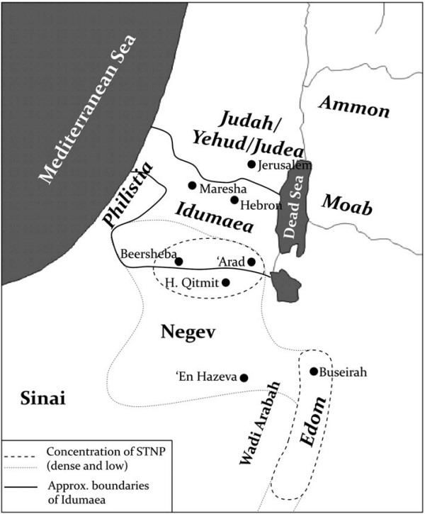מפת אדום ואידומיאה מתקופת הברזל ועד לתקופה הרומית. (STNP = חרסים מדרום עבר הירדן והנגב.)