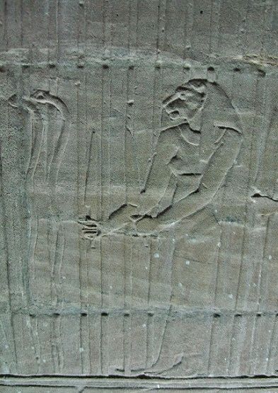 איור 9. מטות בצורת נחשים הולכים לפני האלה סח'מת במקדש איסיס בפילה. © סקוט נויגל.