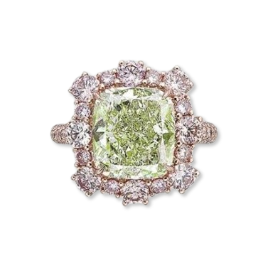 Diamante taglio cushion montato su anello, 6,13 carati, classificazione Fancy Intense Green