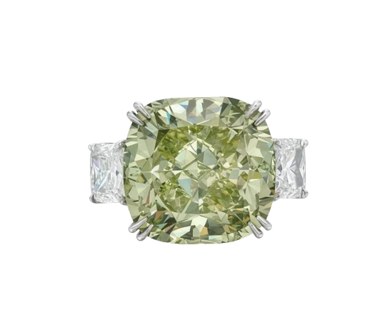 Anello con diamante taglio cushion da 16,41 carati, classificazione Fancy Deep Grayish Yellowish Green